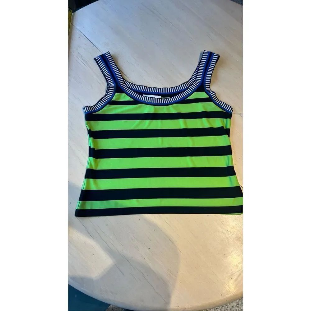 Joseph Ribkoff Striped Sleeveless Poly Jersey Knit Green Blue SZ L (12)
